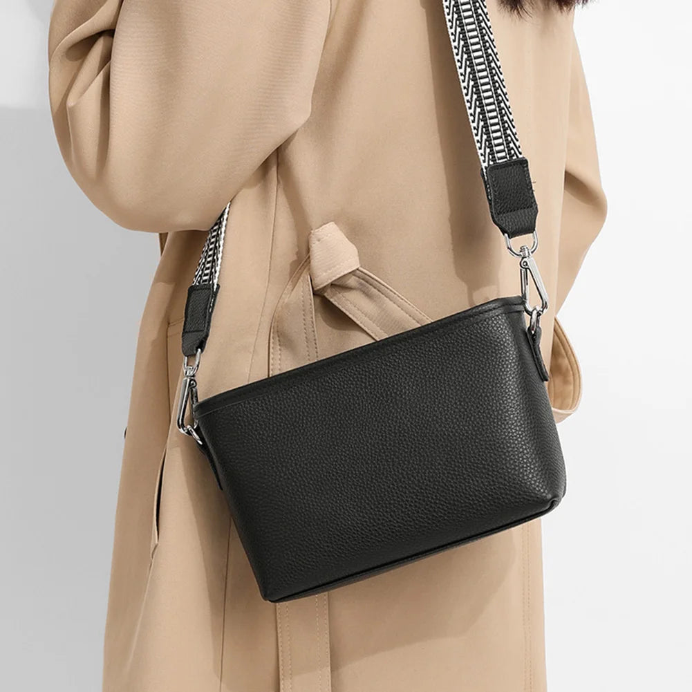 Women's Cowhide Leather Square Bag Wide Strap Shoulder Chest Bag