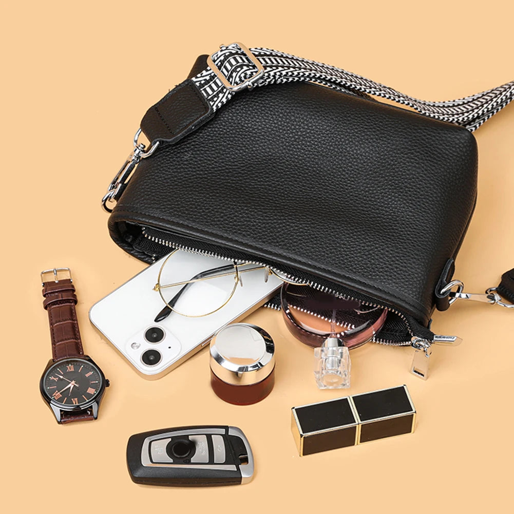 Women's Cowhide Leather Square Bag Wide Strap Shoulder Chest Bag