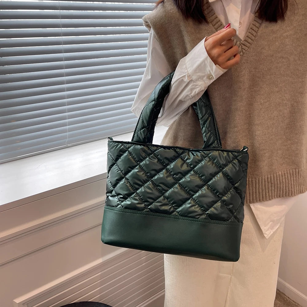 Women's Space Cotton Tote Shoulder Bag Ruched Handbag Quilted Crossbody Bag