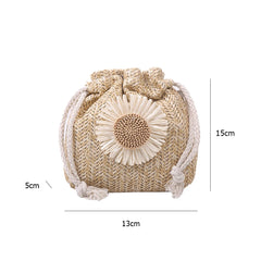 Women's Sunflower Drawstring Straw Beach Bag