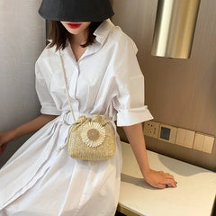 Women's Sunflower Drawstring Straw Beach Bag