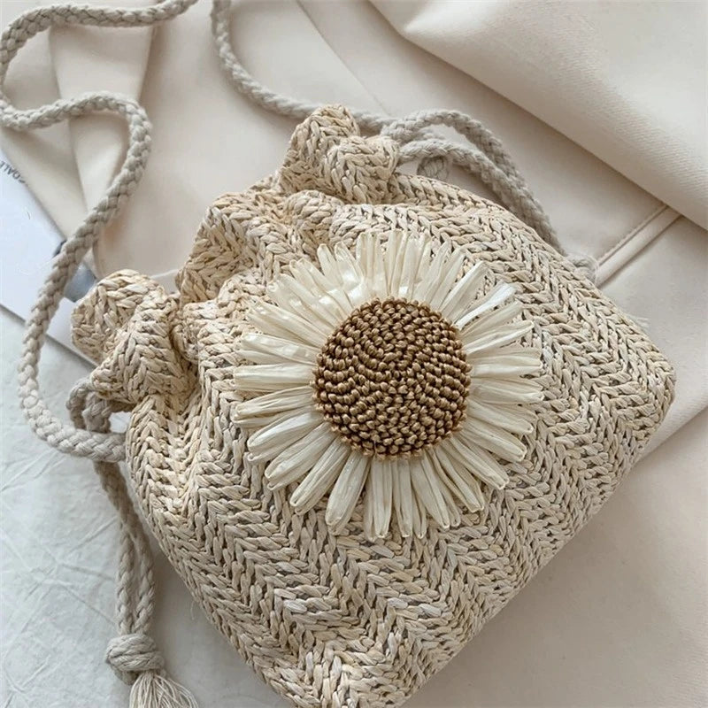 Sunflower Drawstring Straw Crossbody Shoulder Bag