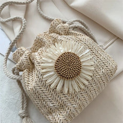Sunflower Drawstring Straw Crossbody Shoulder Bag