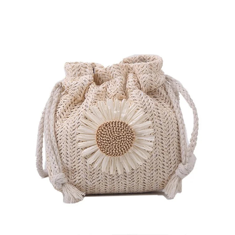 Sunflower Drawstring Straw Crossbody Shoulder Bag