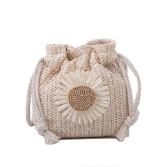 Sunflower Drawstring Straw Crossbody Shoulder Bag