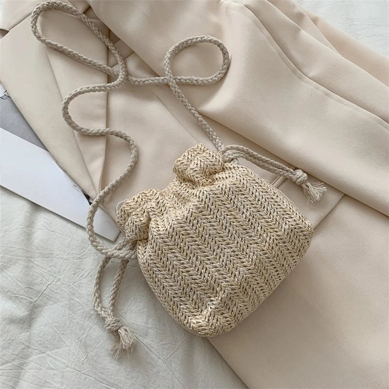 Sunflower Drawstring Straw Crossbody Shoulder Bag