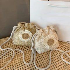 Sunflower Drawstring Straw Crossbody Shoulder Bag