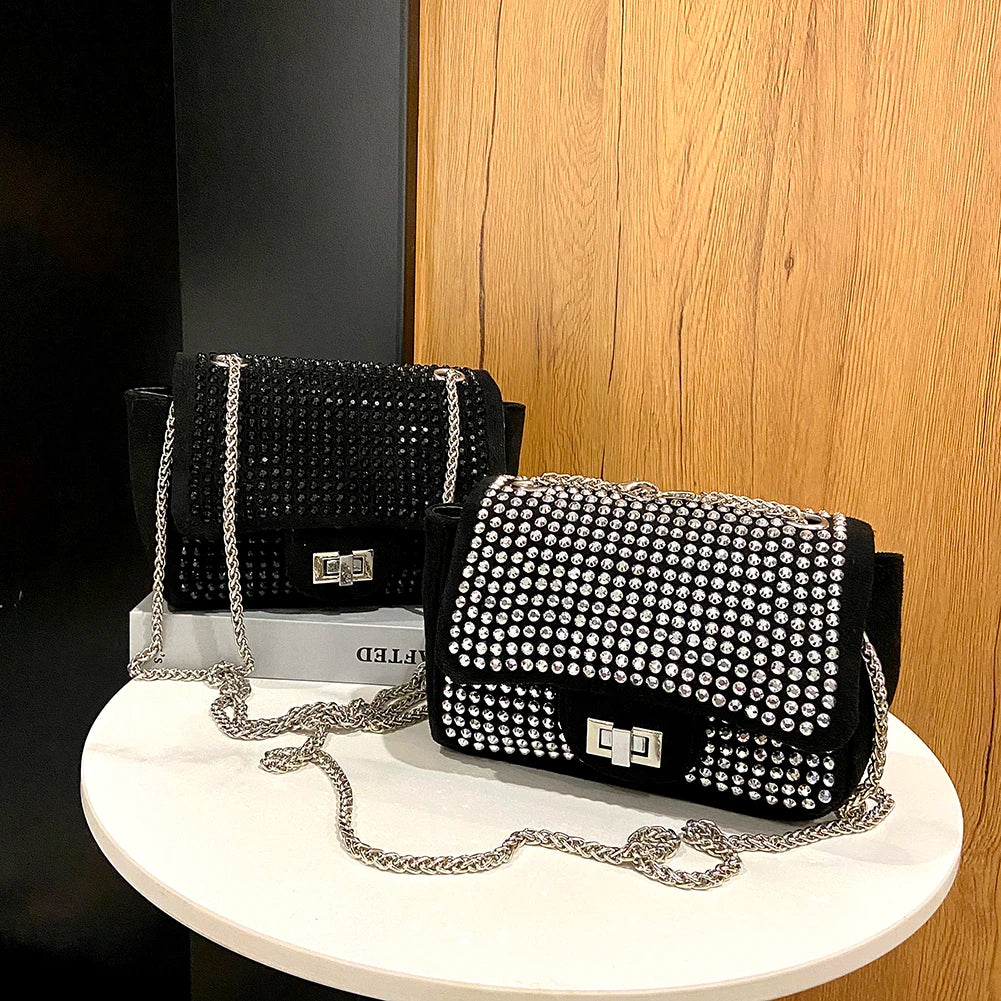 Vintage Rhinestone Crossbody Bag Women Glitter Chain Shoulder