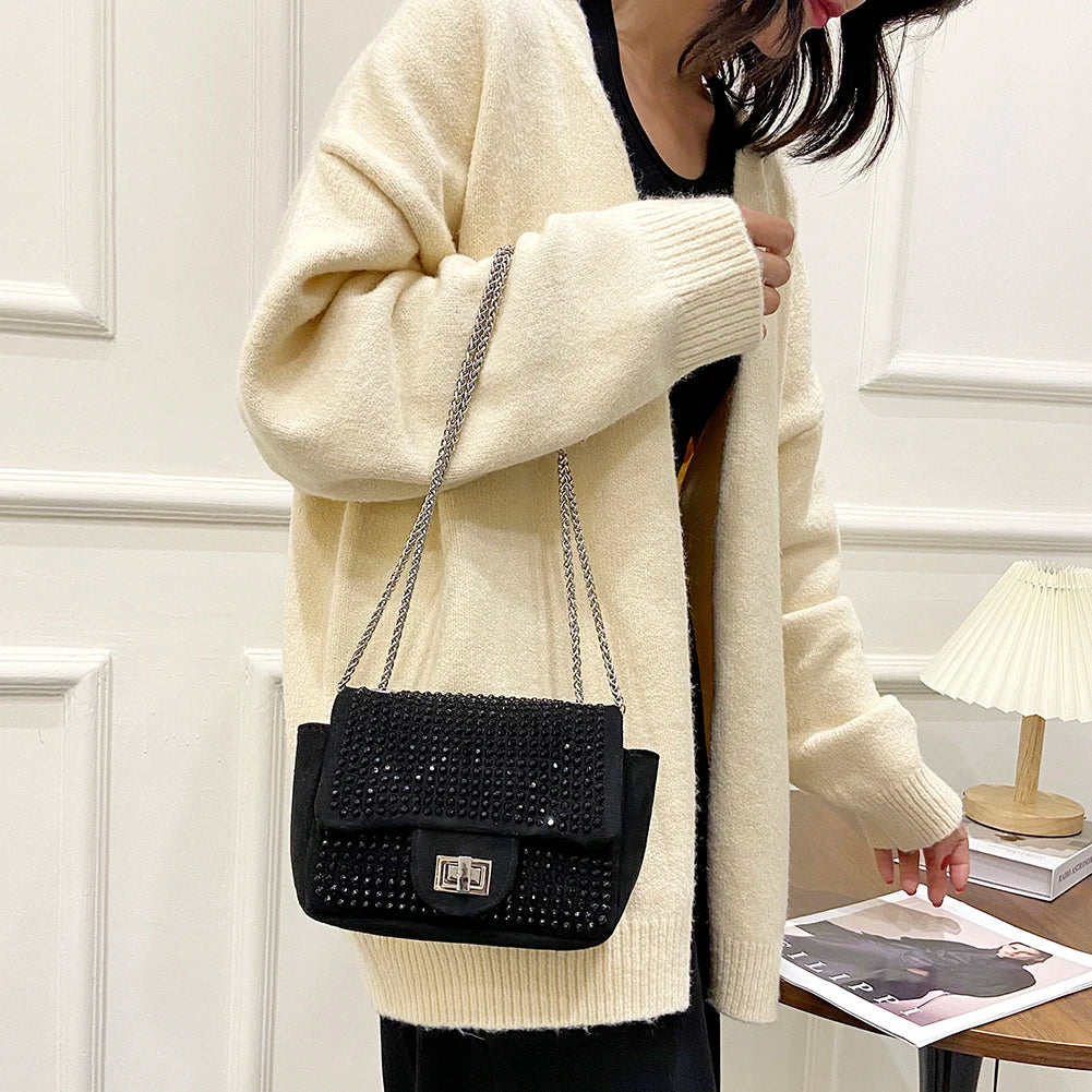 Vintage Rhinestone Crossbody Bag Women Glitter Chain Shoulder