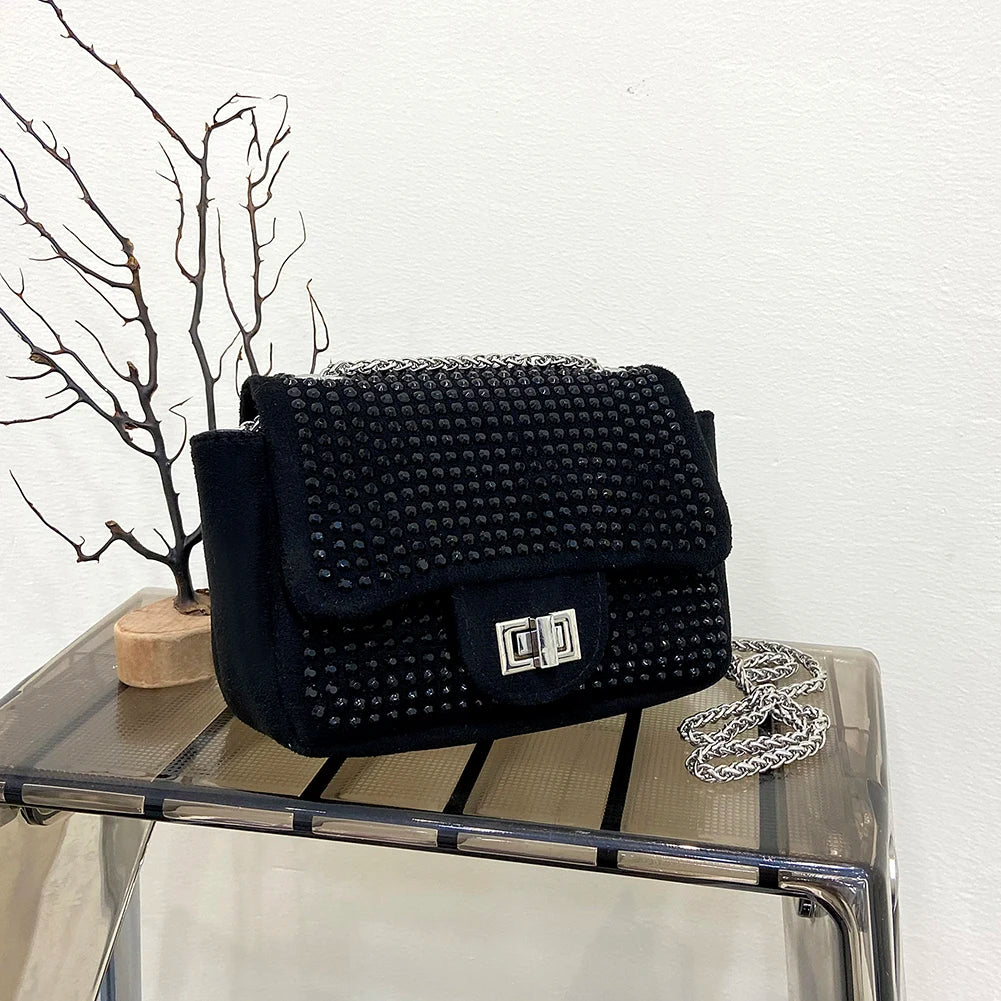 Vintage Rhinestone Crossbody Bag Women Glitter Chain Shoulder