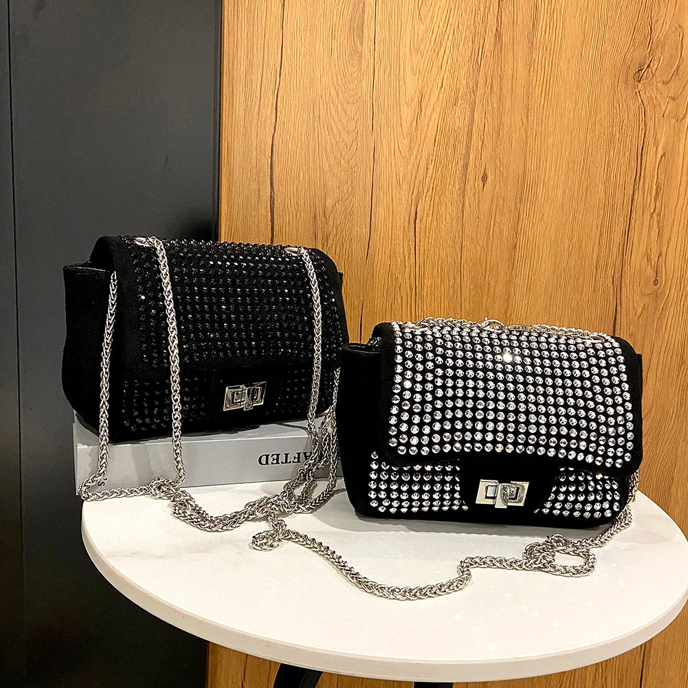 Vintage Rhinestone Crossbody Bag Women Glitter Chain Shoulder