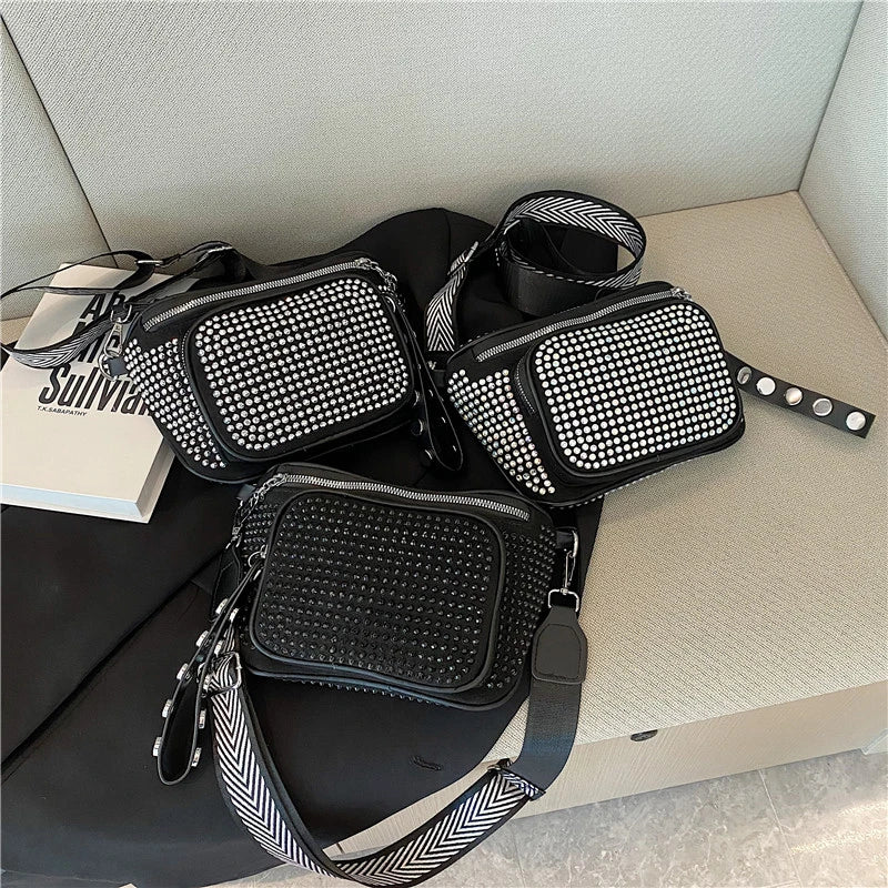 Wide Strap Shoulder Bags Rivet Crossbody Bags Saddle Chest Bags