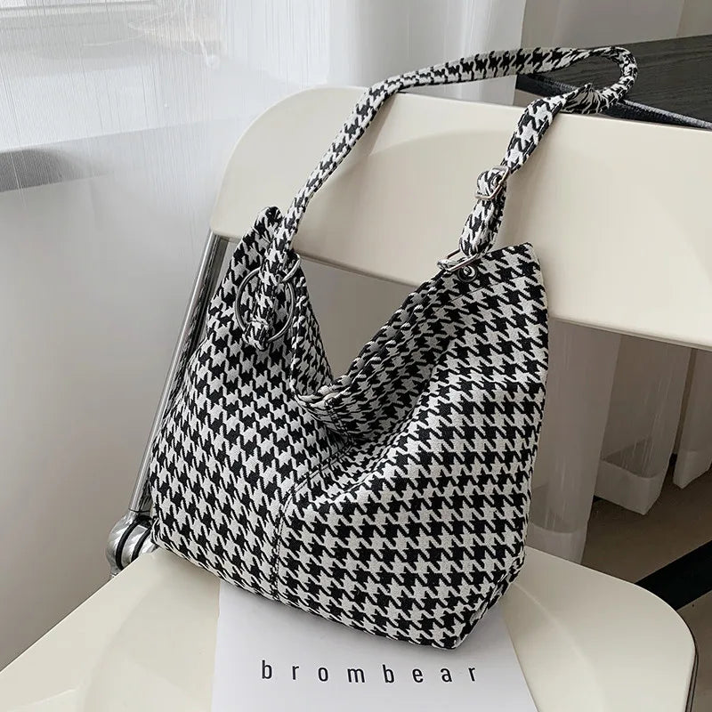 Women's Houndstooth Tote Bag Casual Crossbody Handbag Shoulder Female Bags