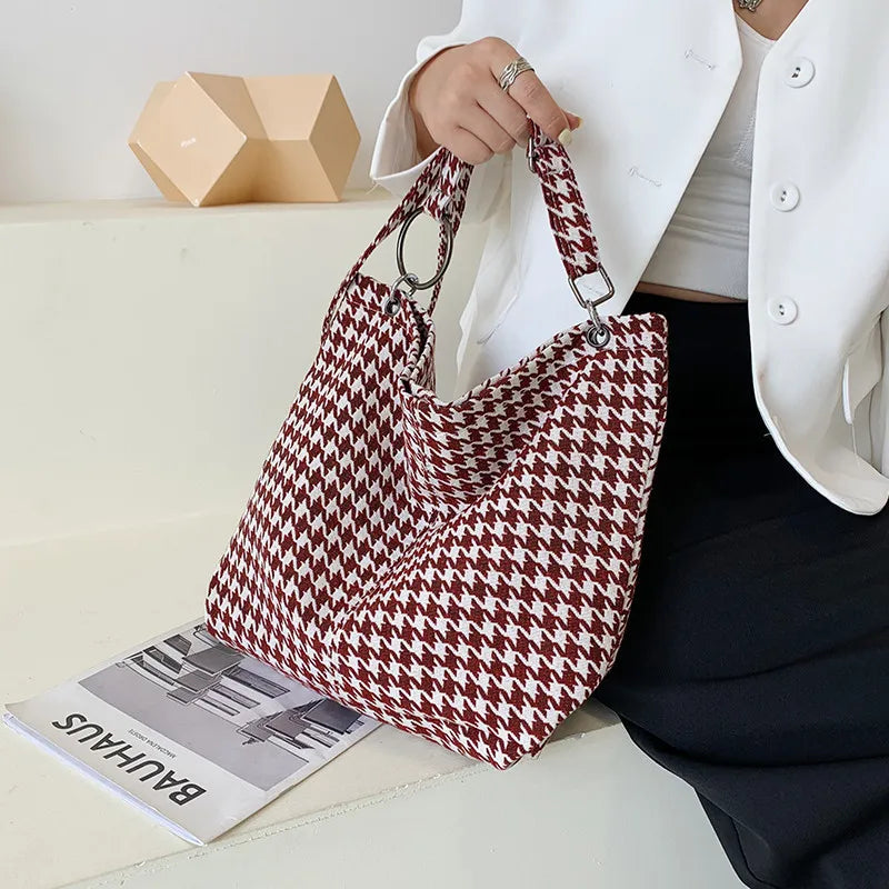 Women's Houndstooth Tote Bag Casual Crossbody Handbag Shoulder Female Bags
