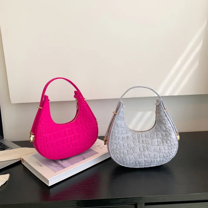 Women's Felt Crocodile Underarm Bag Autumn Winter Retro Shoulder Bag