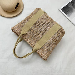 Women's Patchwork Straw Woven Beach Bag for Vacation