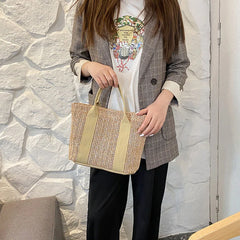 Women's Patchwork Straw Woven Beach Bag for Vacation