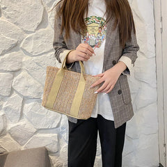 Women's Patchwork Straw Woven Beach Bag for Vacation
