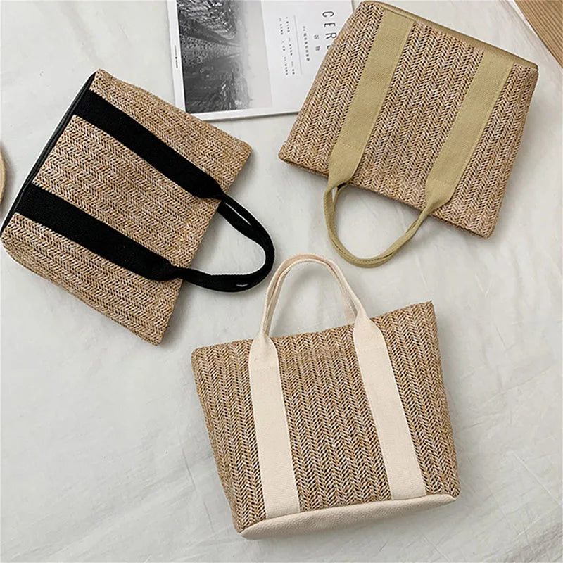 Women's Patchwork Straw Woven Beach Bag for Vacation
