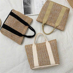 Women's Patchwork Straw Woven Beach Bag for Vacation