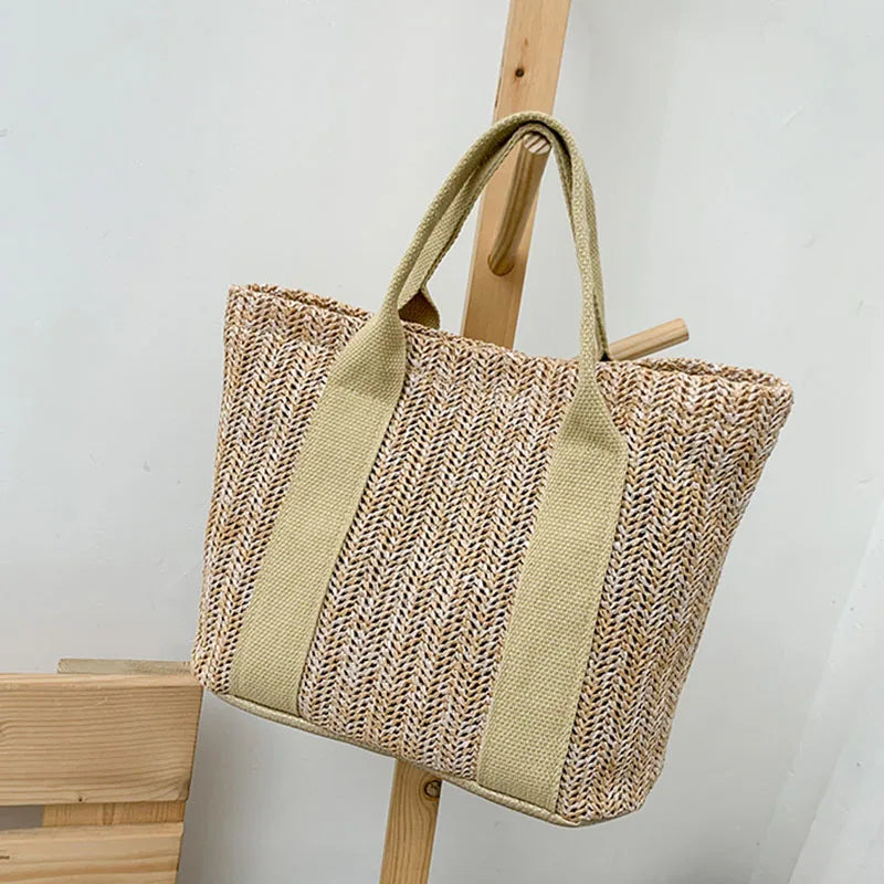 Women's Patchwork Straw Woven Beach Bag for Vacation