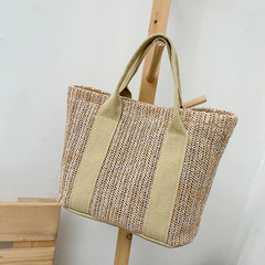 Women's Patchwork Straw Woven Beach Bag for Vacation