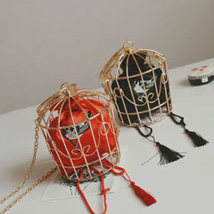 Women's Birdcage Evening Bag Clutch Metal Frame Embroidery Bucket Bird Cage Mini