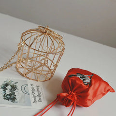 Women's Birdcage Evening Bag Clutch Metal Frame Embroidery Bucket Bird Cage Mini