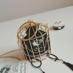 Women's Birdcage Evening Bag Clutch Metal Frame Embroidery Bucket Bird Cage Mini