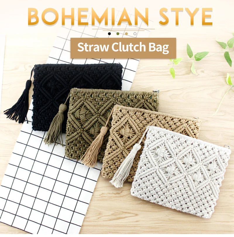 Bohemian Style Straw Woven Clutches Bags with Tassel Causal Handbag