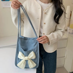 Women's Bow Canvas Shopper Bag French Bow Denim Shoulder Bag Large Capacity