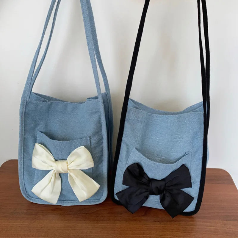 Women's Bow Canvas Shopper Bag French Bow Denim Shoulder Bag Large Capacity