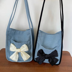 Women's Bow Canvas Shopper Bag French Bow Denim Shoulder Bag Large Capacity