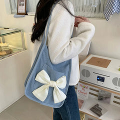 Women's Bow Canvas Shopper Bag French Bow Denim Shoulder Bag Large Capacity