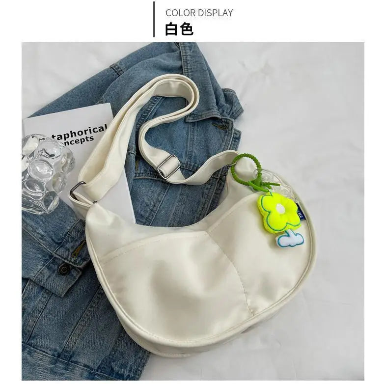 Women's Canvas Crossbody Bag Solid Single Shoulder Student Half Moon Bag Purse