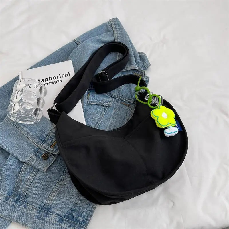 Women's Canvas Crossbody Bag Solid Single Shoulder Student Half Moon Bag