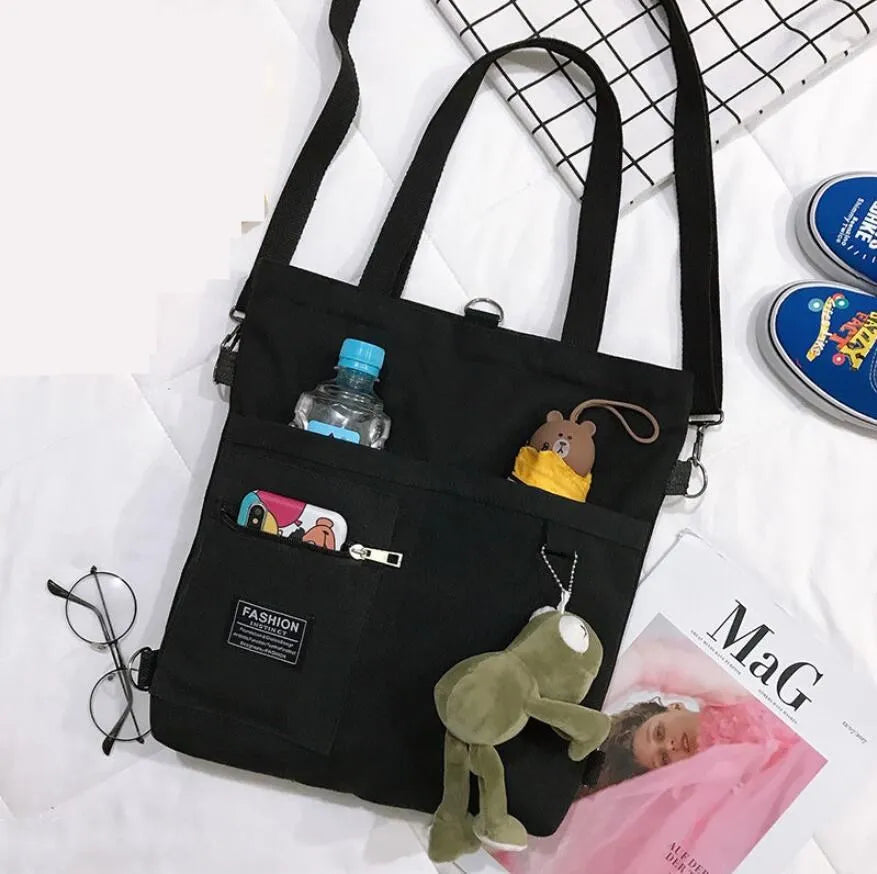 Women's Canvas School Bag With Frog Pendant Girls Handbag
