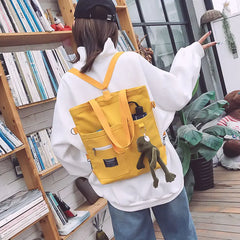 Women's Canvas School Bag With Frog Pendant Girls Handbag