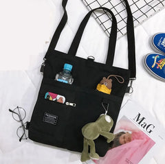 Women's Canvas School Bag With Frog Pendant Girls Handbag