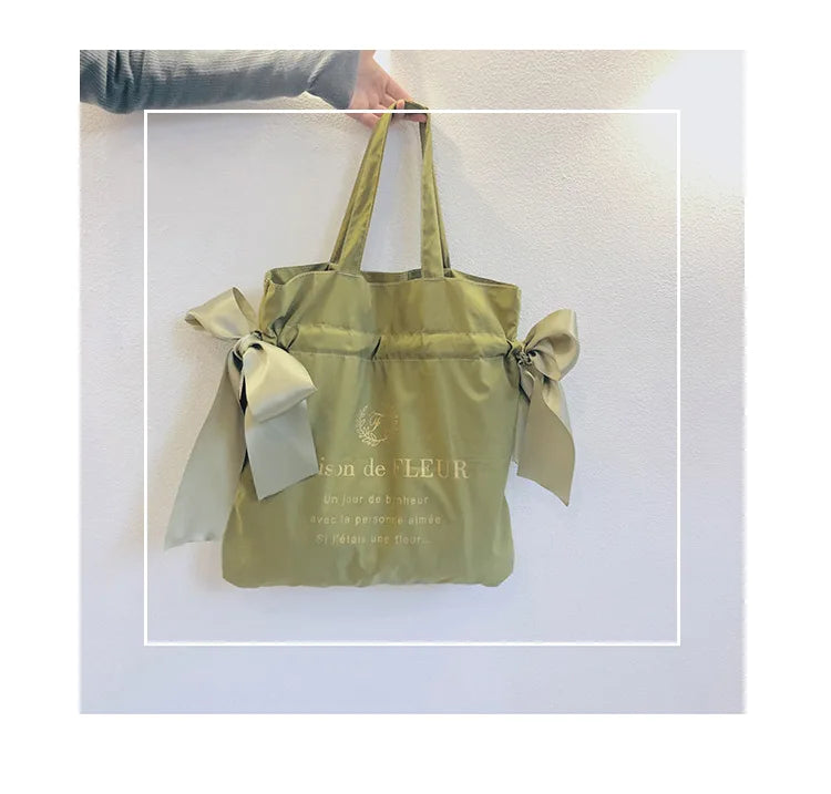 Canvas Shoulder Bag for Girls with Bow Handbag, Large Capacity School Bag
