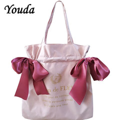 Canvas Shoulder Bag for Girls with Bow Handbag, Large Capacity School Bag