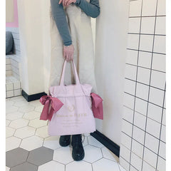 Canvas Shoulder Bag for Girls with Bow Handbag, Large Capacity School Bag