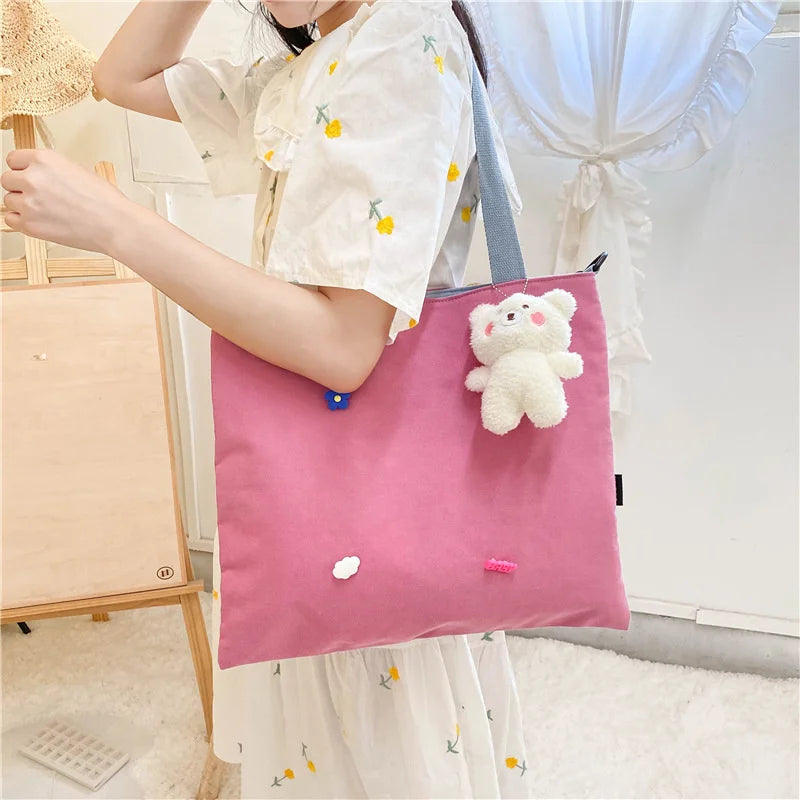 Women's Canvas Shoulder Bag Large Capacity Tote with Cartoon Pendant