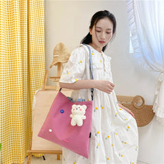 Women's Canvas Shoulder Bag Large Capacity Tote with Cartoon Pendant