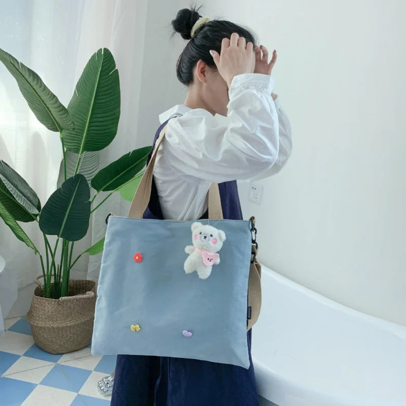 Women's Canvas Shoulder Bag Large Capacity Tote with Cartoon Pendant