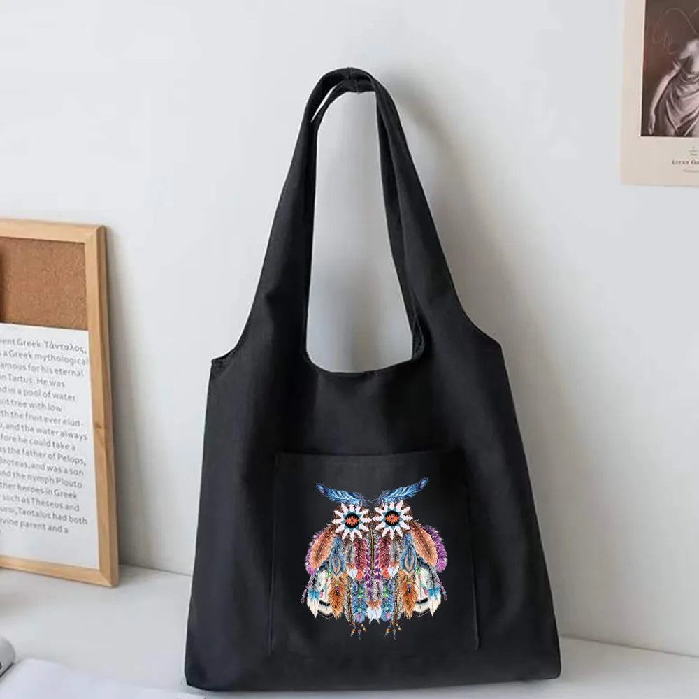 Feather Print Canvas Tote Bag Large Capacity Shoulder Handbag