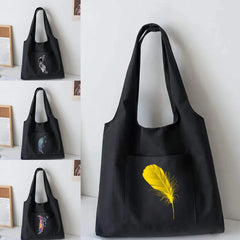 Feather Print Canvas Tote Bag Large Capacity Shoulder Handbag