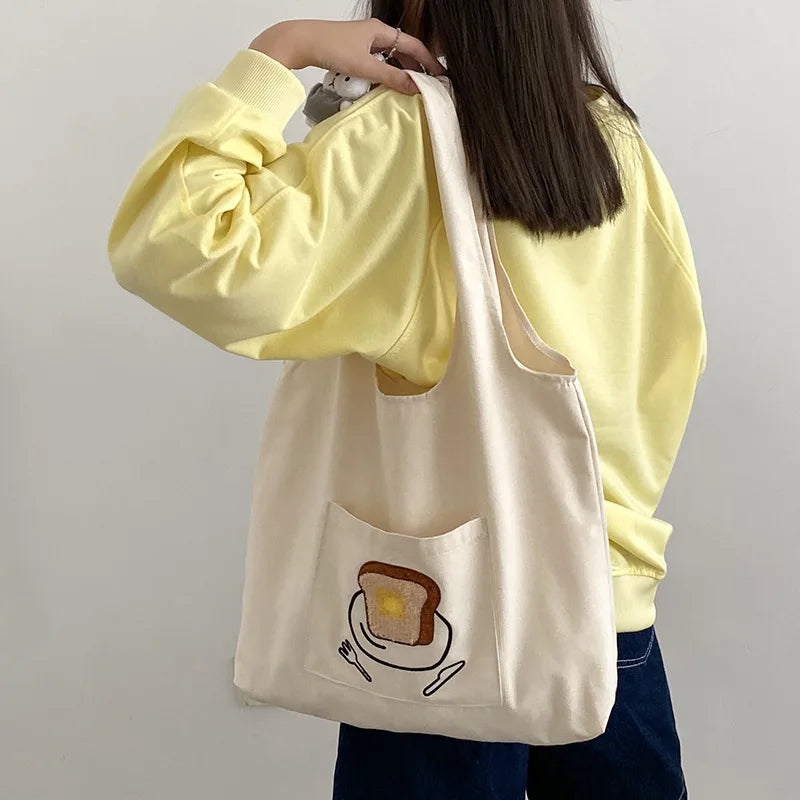 Women's Casual Canvas Shoulder Bag Cartoon Print Shopping Bag