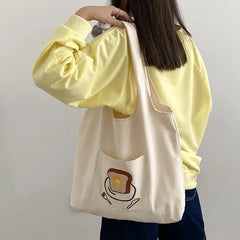 Women's Casual Canvas Shoulder Bag Cartoon Print Shopping Bag