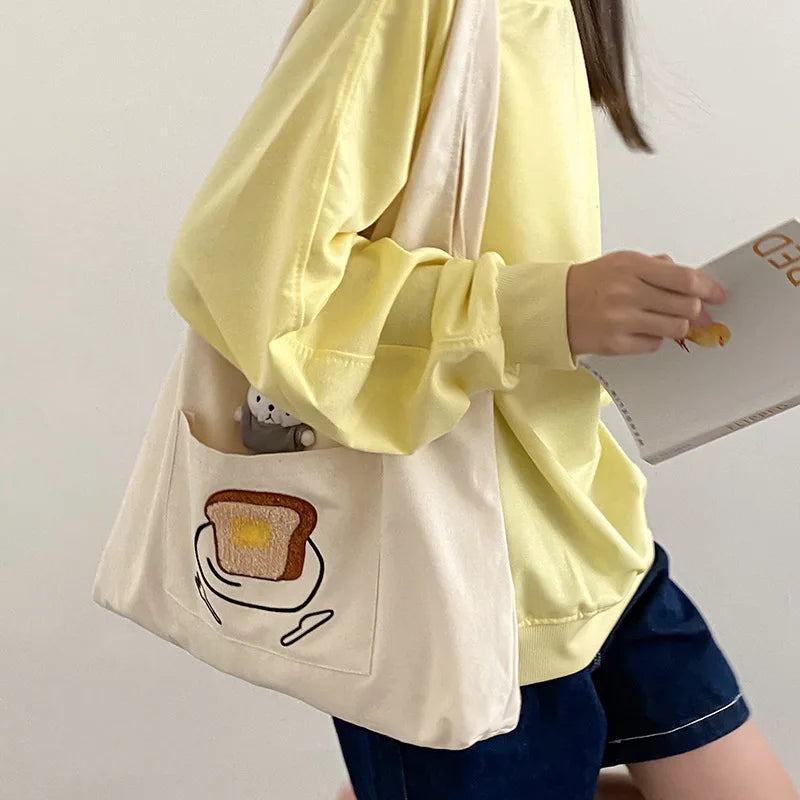 Women's Casual Canvas Shoulder Bag Cartoon Print Shopping Bag